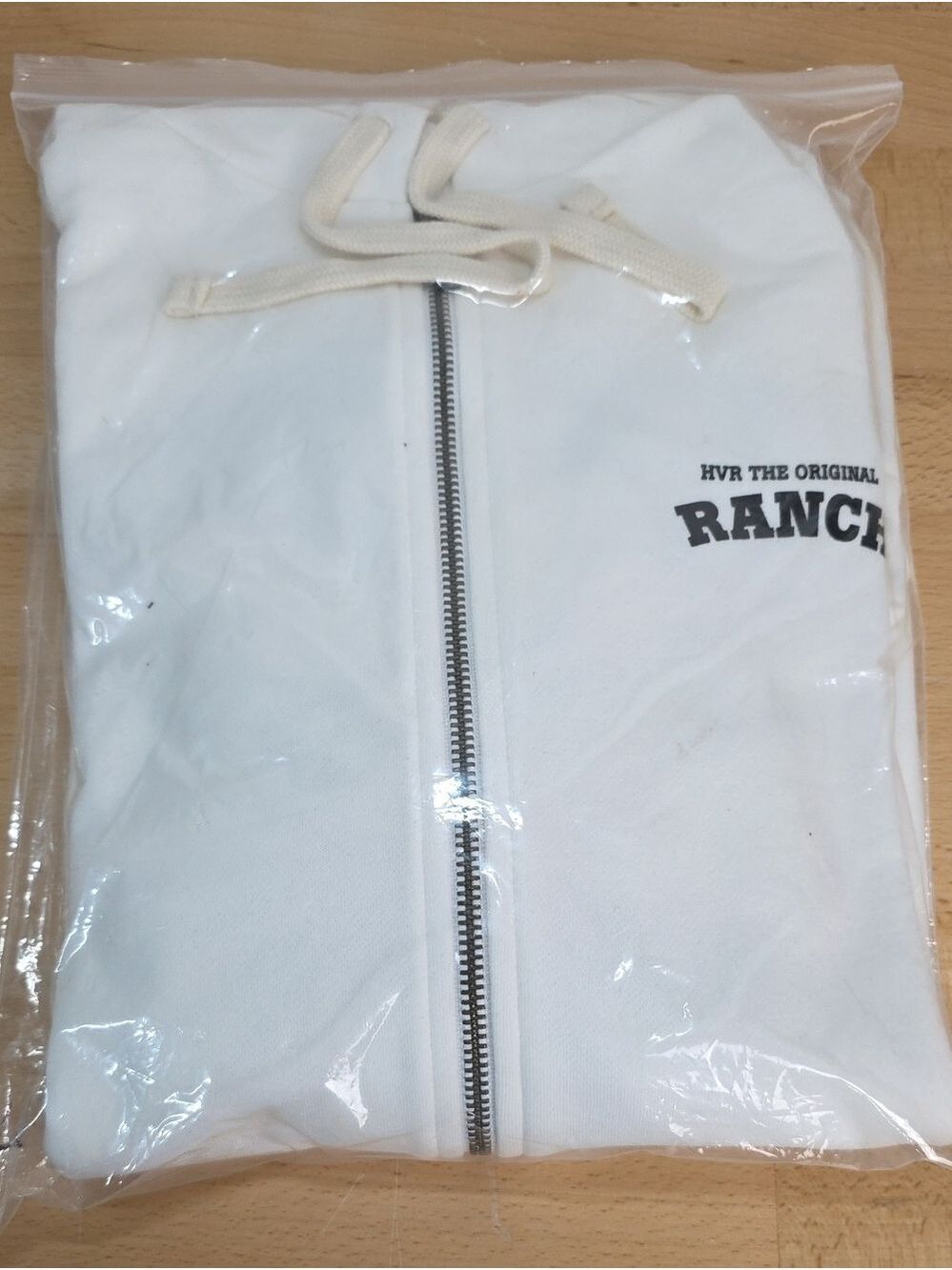 White Zip-Up Hoodie with 'RANCH' Graphic Large